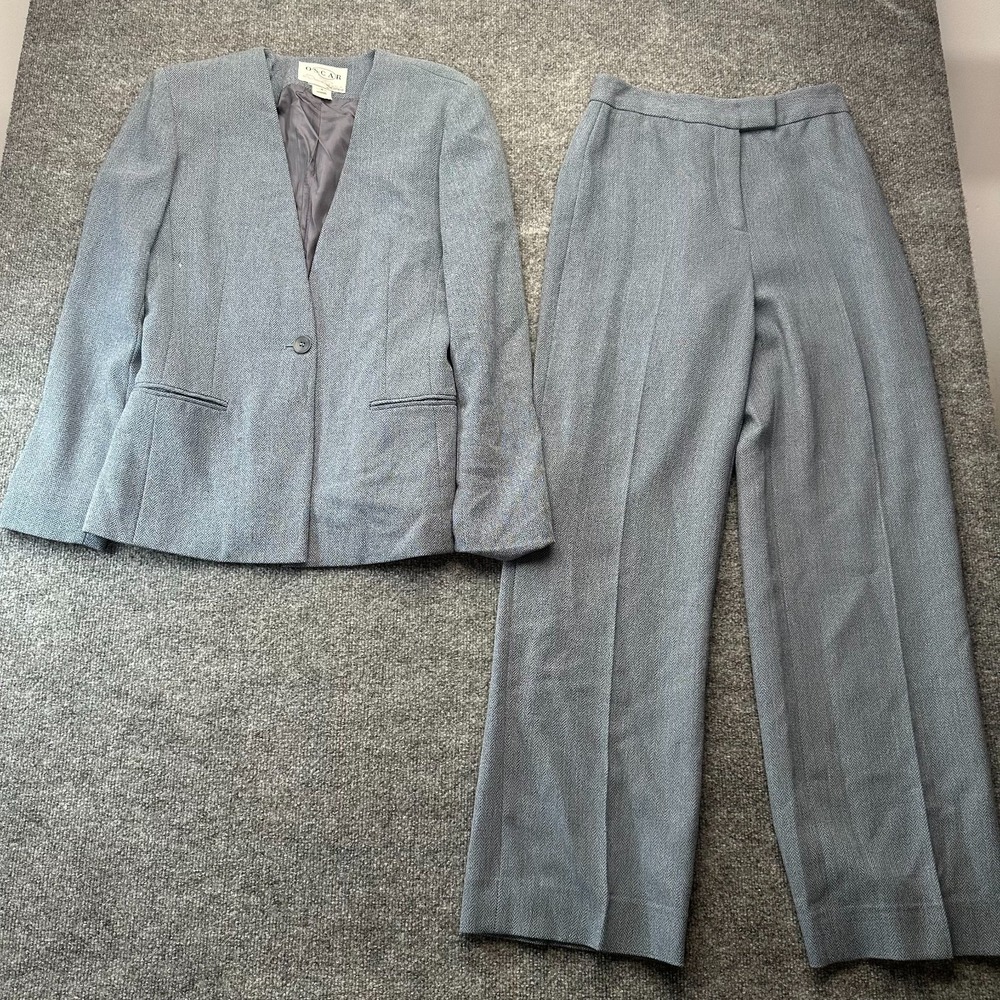 Vtg Oscar de la Renta 2-Piece Suit Set Blazer & Pants Womens 4 Gray Herringbone